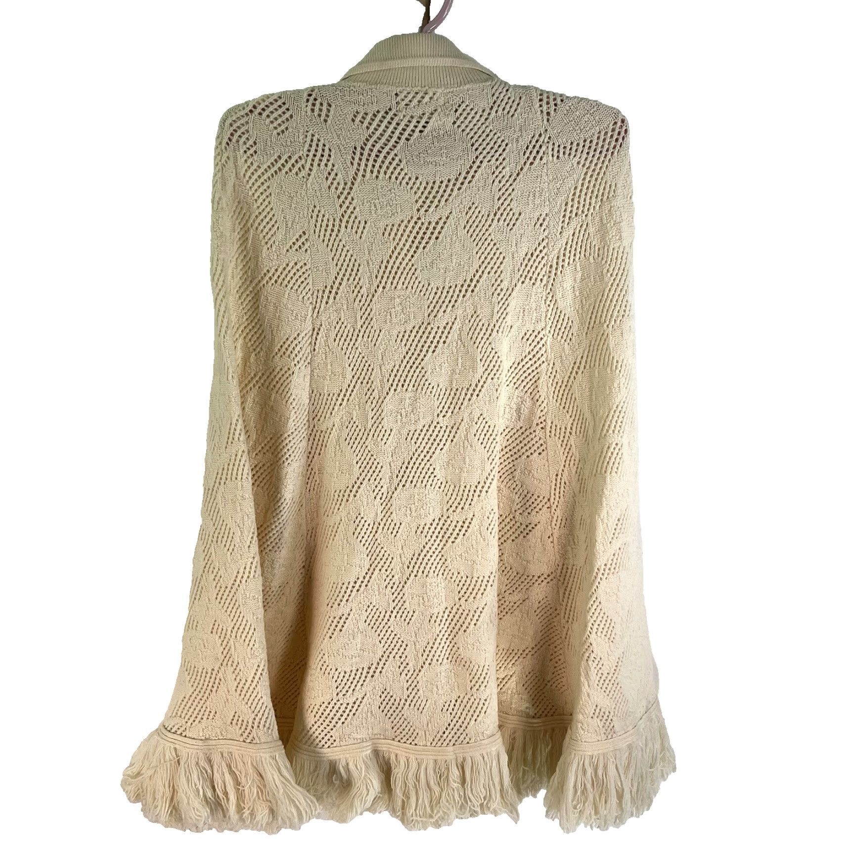 Vintage VINTAGE Sidney Gould 80's Knit Poncho Shawl Womens One Size Ivory Fringe Bohemian Size ONE SIZE - 7 Thumbnail