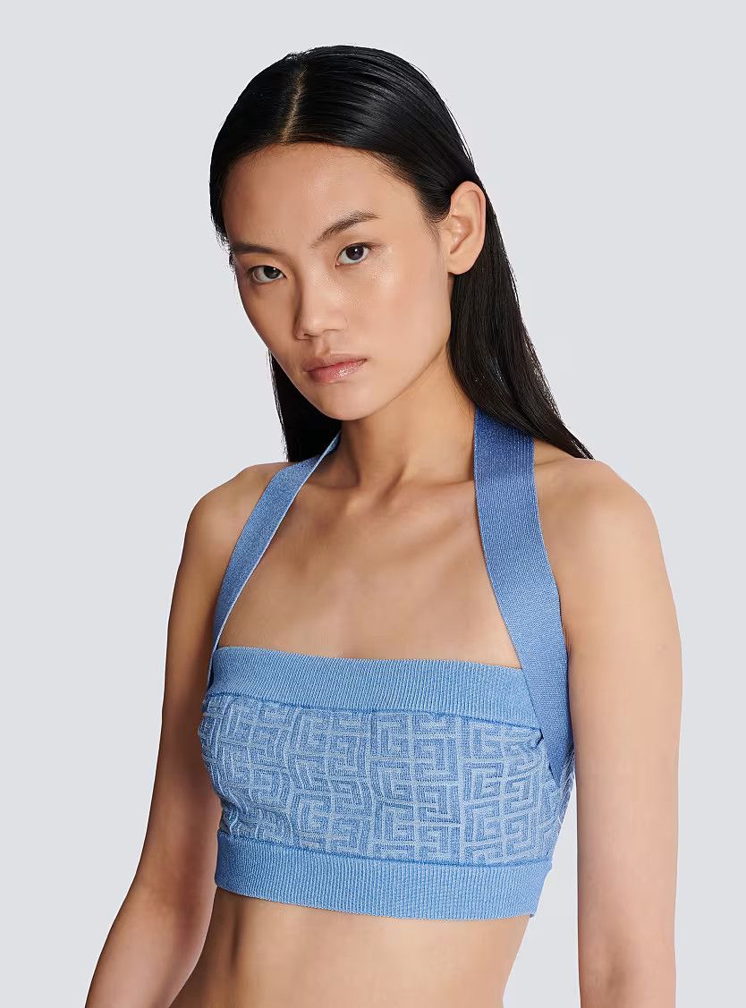 Balmain o1s1wg111225 Knit Halterneck Top With Monogram in Blue Size M / US 6-8 / IT 42-44 - 5 Thumbnail