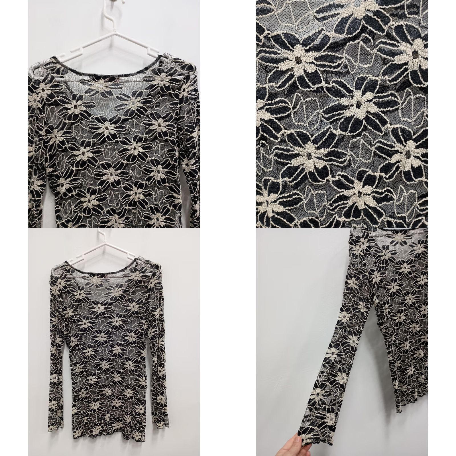 Vintage Y2K Young Essence Fairy Grunge Top Womens Large Black White Floral Sheer Lace V-Neck Pullover Long Sleeve Blouse Size L / US 10 / IT 46 - 8 Thumbnail