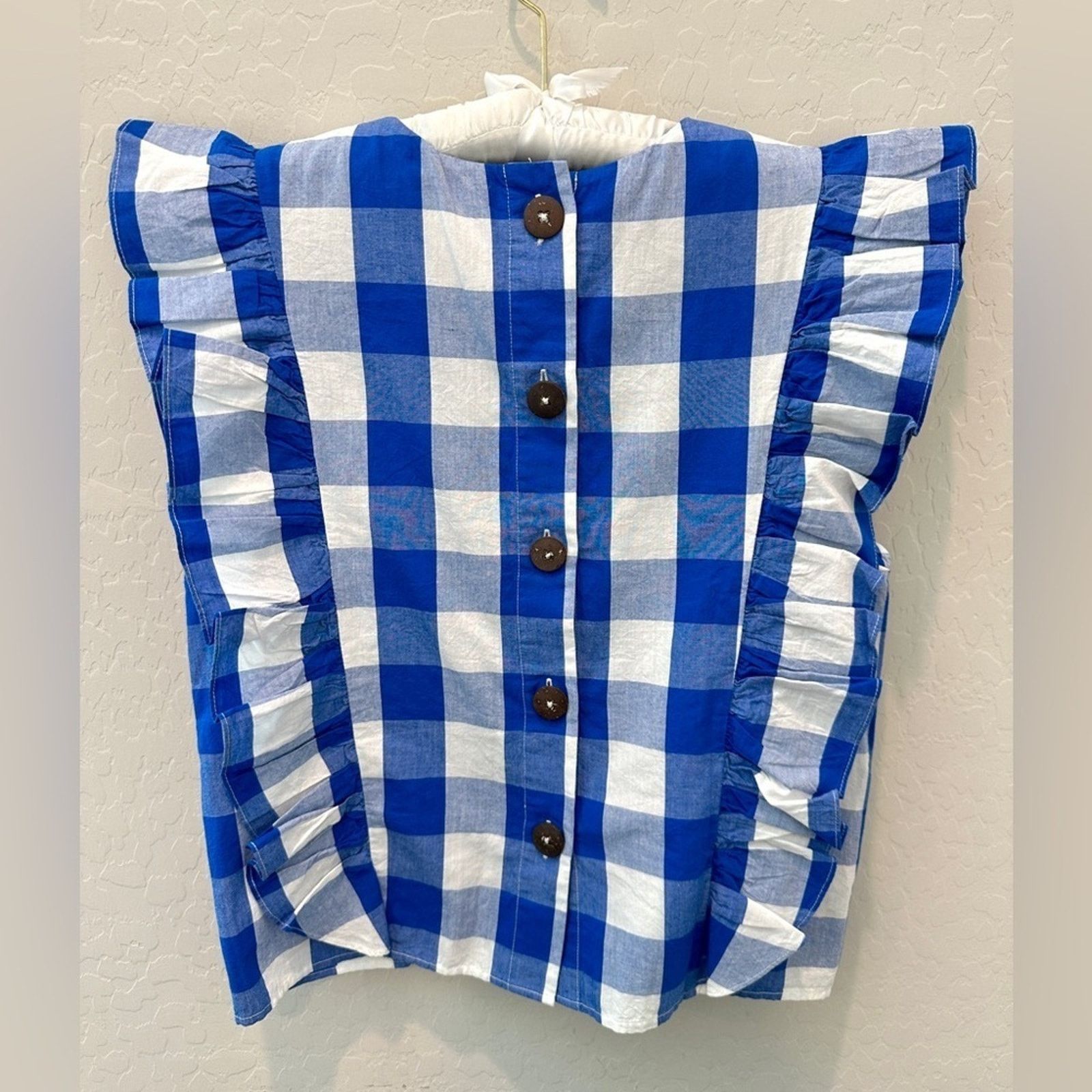 Anthropologie ANTHROPOLOGIE Blue Gingham Checkered Ruffle Sleeveless Top Size XS / US 0-2 / IT 36-38 - 6 Thumbnail