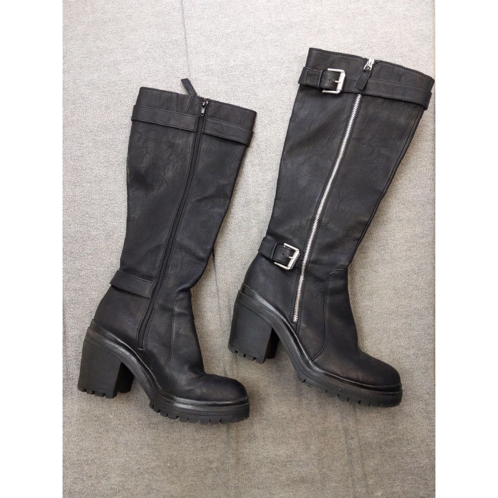 Vintage Biker Boots Womens size 9.5 41 Black Knee High Block Heel Zip Buckle Lug Sole Shoes Size US 10 / IT 40 - 4 Thumbnail