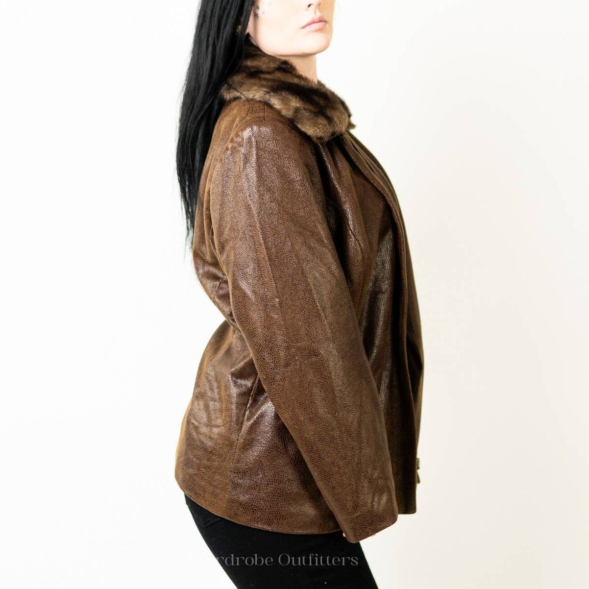 Designer Peter Nygard Brown Faux Alligator Print Fur Collared Jacket Size L / US 10 / IT 46 - 5 Thumbnail