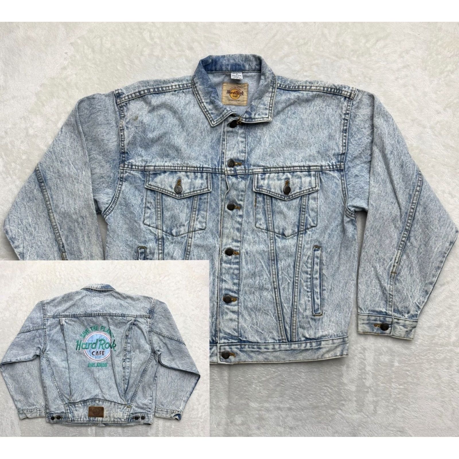 Hard Rock Cafe VINTAGE Hard Rock Cafe Jacket Mens M Blue Denim 80s Bomber Rock Logo Embroidered Pattern Solid Jacket Size US M / EU 48-50 / 2 - 2 Thumbnail