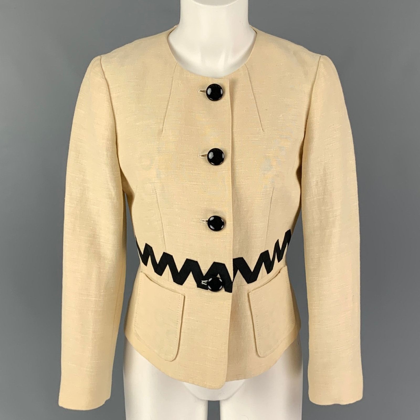 Etro ETRO Size 4 Cream Black Silk Blend Ribbon Collarless Jacket Size S / US 4 / IT 40 - 1 Thumbnail