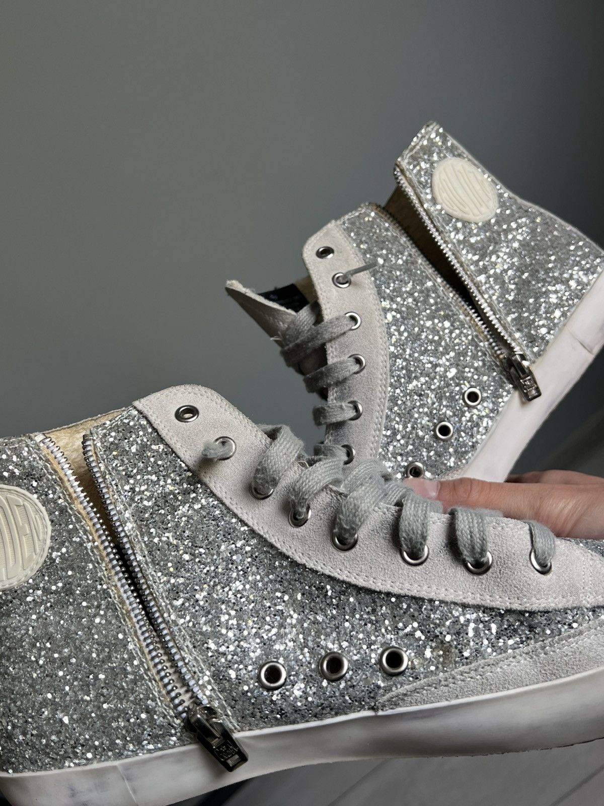 Golden Goose Golden Goose Superstar Glitter Silver High-Top Sneakers Size US 12.5 / EU 45-46 - 12 Thumbnail