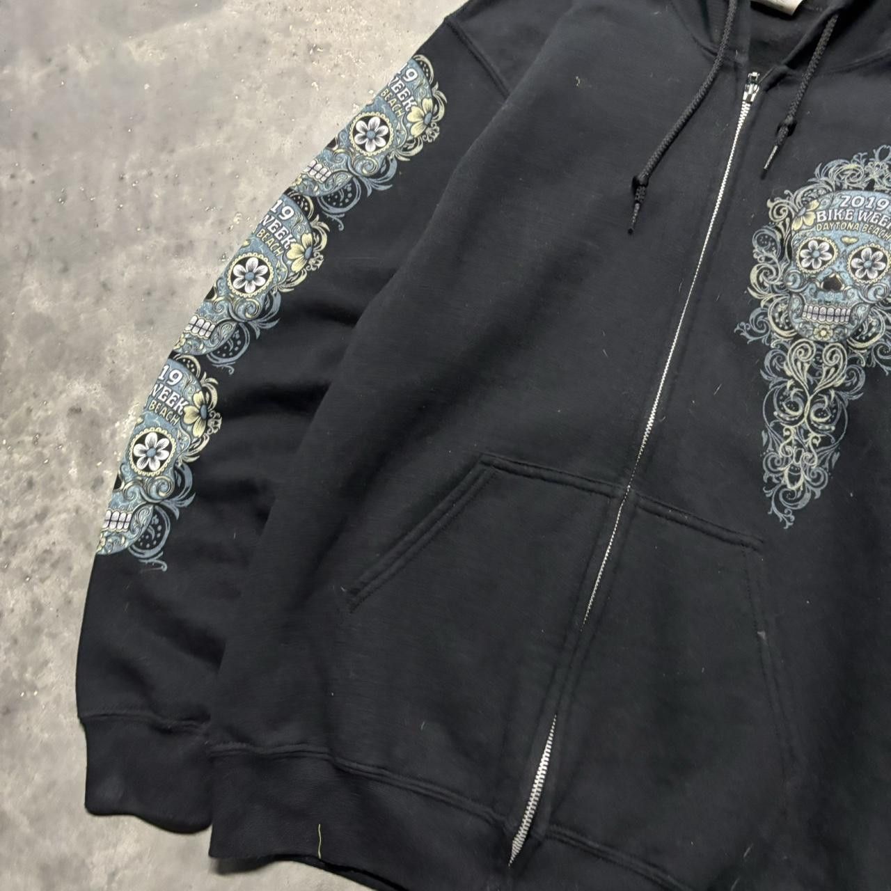 Japanese Brand × Vintage Crazy Vintage Y2K/2000s Grunge Bike Week Day Of The Dead Biker Graphic Zip Up Hoodie! Size US S / EU 44-46 / 1 - 4 Thumbnail