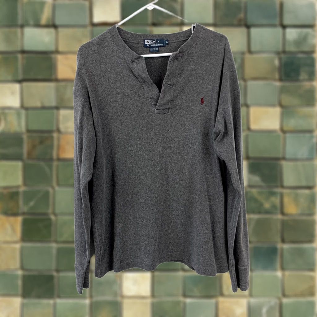 Polo Ralph Lauren VINTAGE Polo Ralph Lauren Shirt Men L Charcoal Gray Henley 3-Button T-Shirt Cotton Embroidered Logo Ribbed Cuffs Long Sleeve Size US L / EU 52-54 / 3 - 1 Thumbnail
