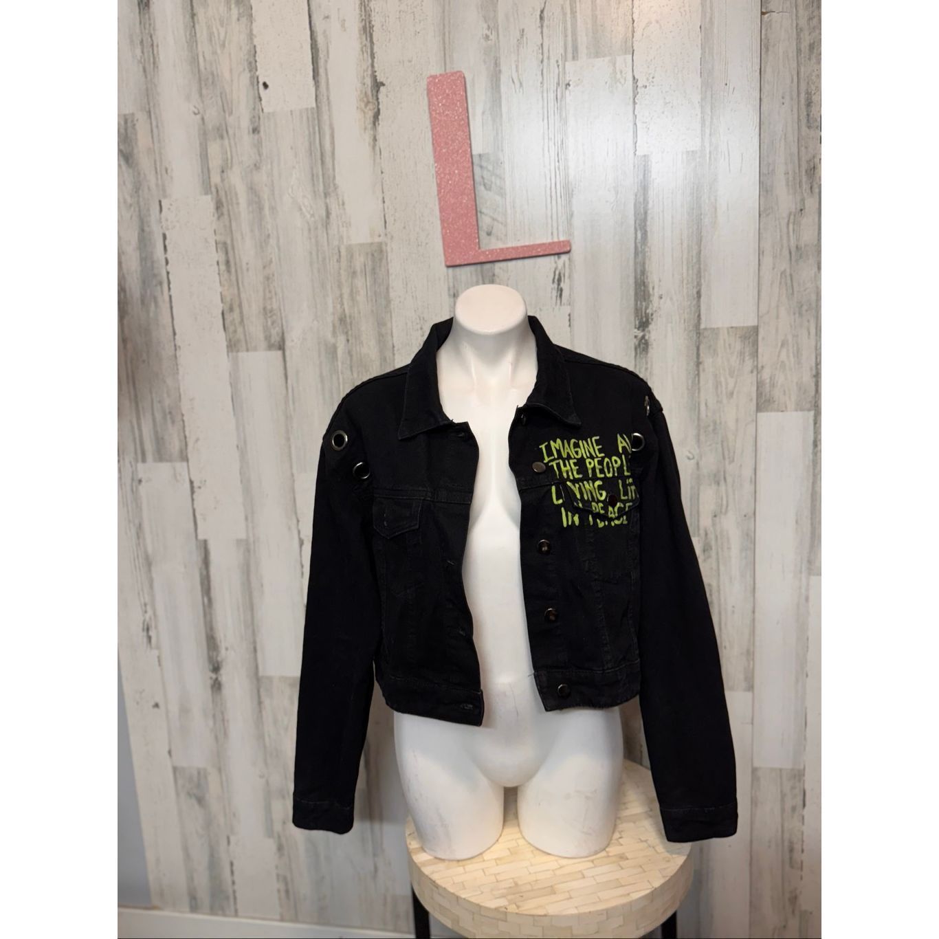 Other Fashion Nova Black Denim Jacket L – Graphic Mona Lisa Back Print “Shut Up” Imagine All The People Quote Women’s Large Size L / US 10 / IT 46 - 2 Thumbnail