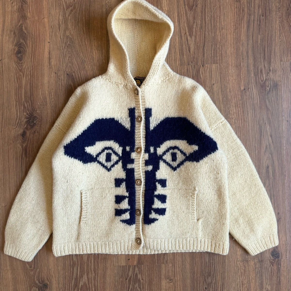 Handmade × Vintage Vintage Cowichan Style Knit Button Hoodie Wool