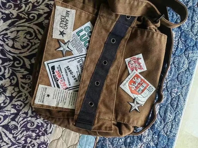 Vintage Brown Old School Style Star Patch Canvas Students School Bag Size ONE SIZE - 6 Thumbnail