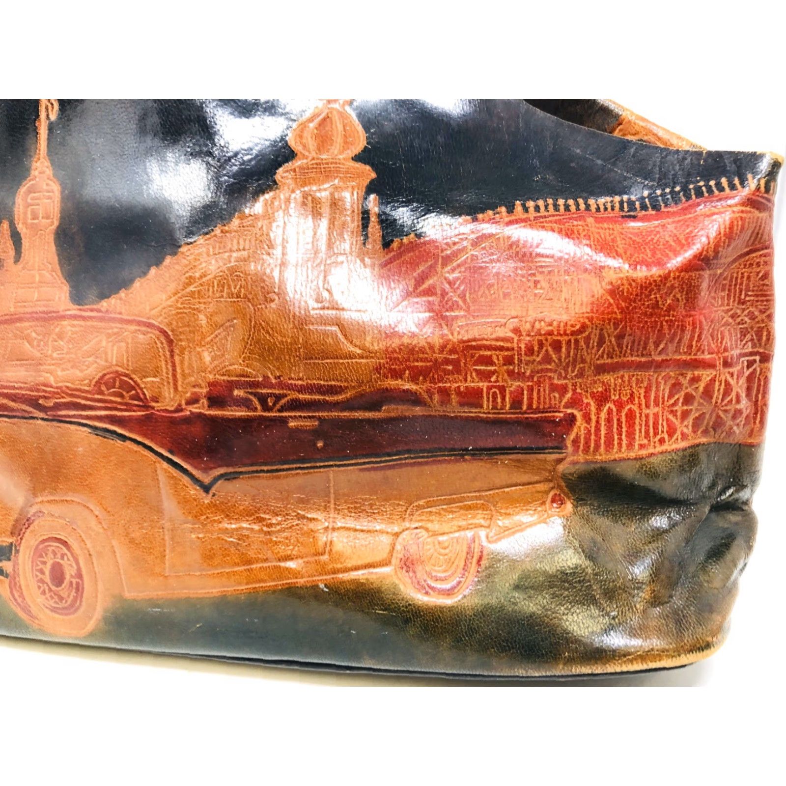 Ford VINTAGE Handmade Embossed Tooled 1953 Ford Scene India Art Leather Bag J21 Size ONE SIZE - 4 Thumbnail