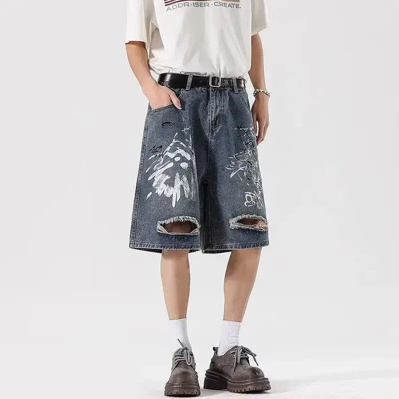 Japanese Brand Retro loose ripped graffiti denim shorts Size US 32 / EU 48 - 5 Thumbnail