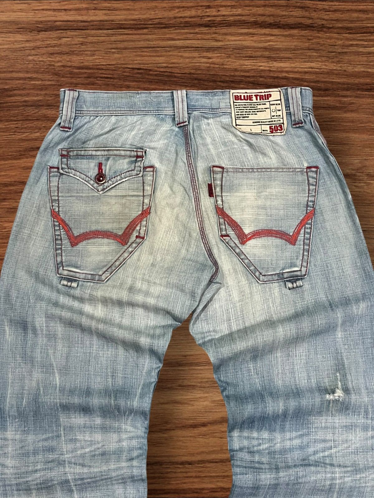 45rpm × Edwin × Japanese Brand Vintage Edwin Blue Trip 503 Red Thread Distressed Blue Jeans Size US 32 / EU 48 - 7 Thumbnail