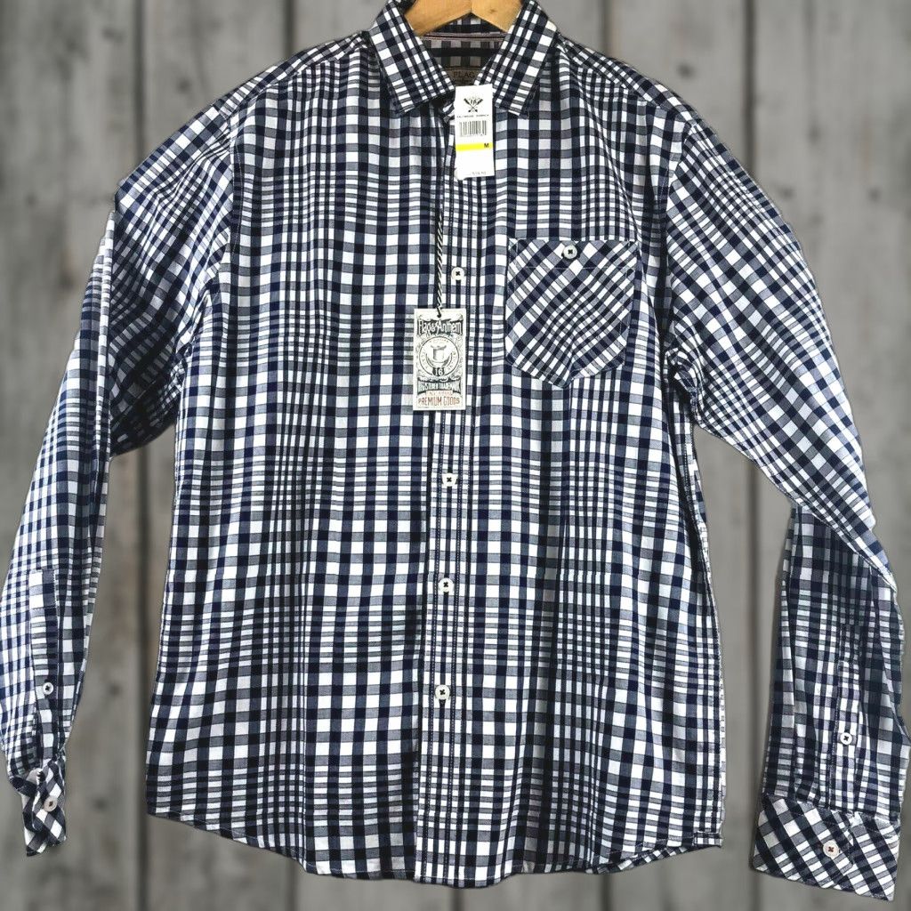 Flag & Anthem Flag & Anthem Shirt Mens Sz Medium Long Sleeve Woven Navy Blue White Plaid Size US M / EU 48-50 / 2 - 1 Thumbnail