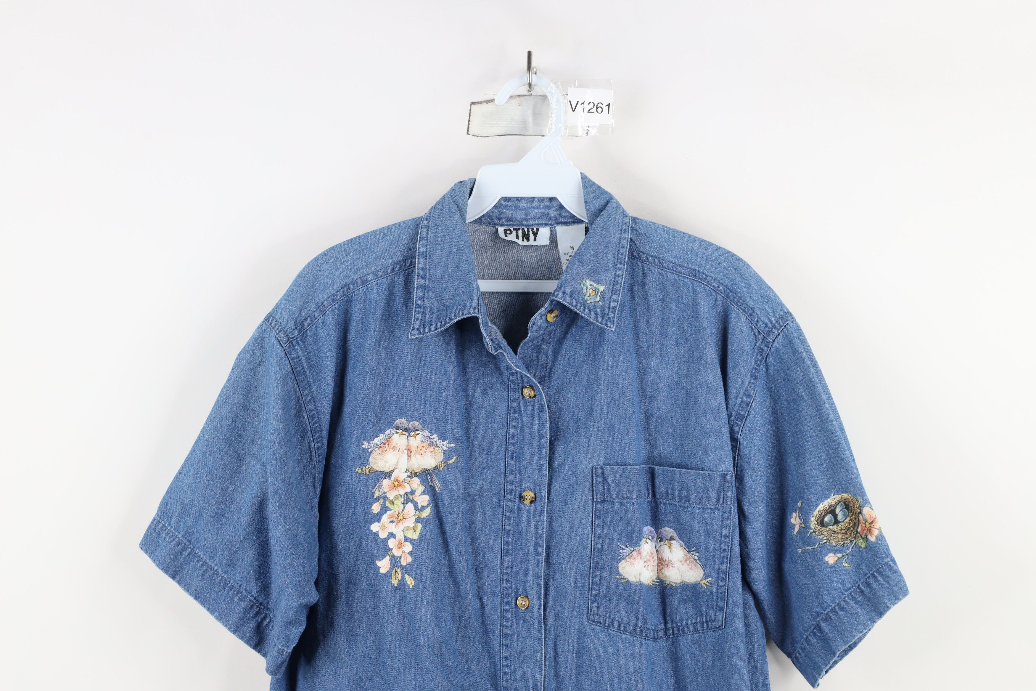 Vintage Vintage 90s Streetwear Bird Short Sleeve Denim Button Shirt Size M / US 6-8 / IT 42-44 - 2 Thumbnail