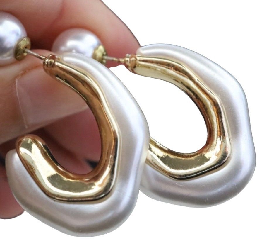 Vintage Abstract Pearl Hoop Earrings by Inahur Size ONE SIZE - 3 Thumbnail