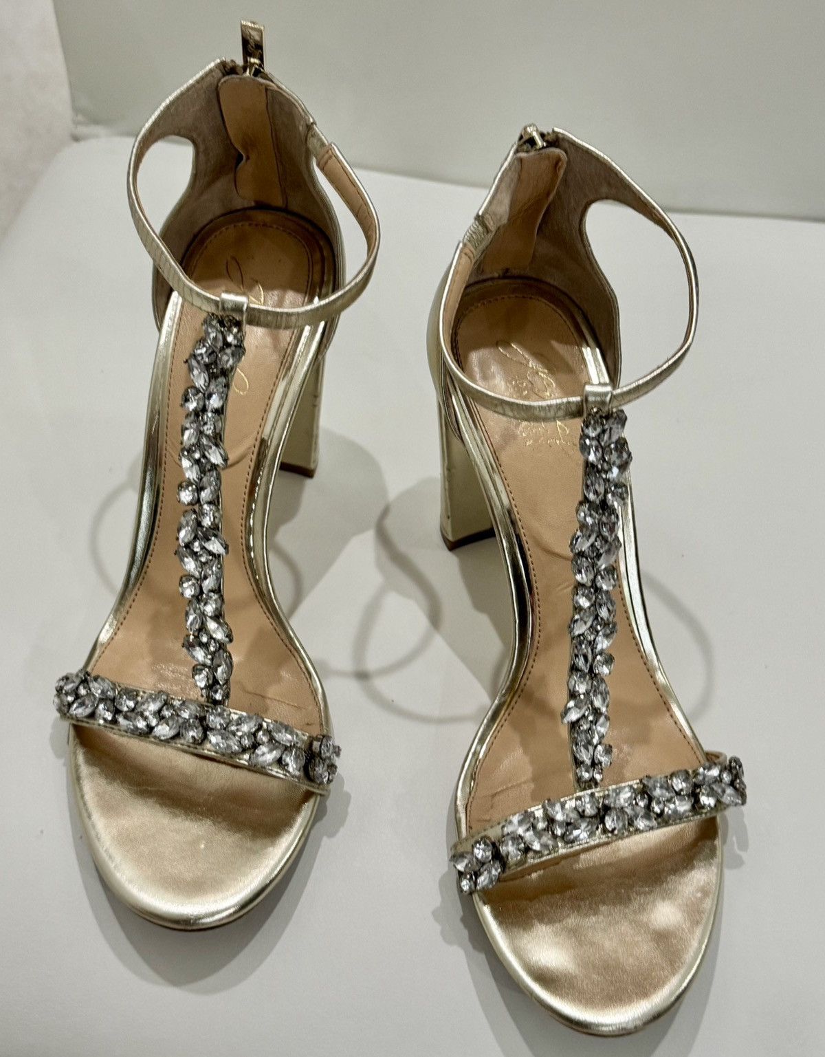 Badgley Mischka Badgley Mischka Gold Rhinestone Strappy Block Heel Size US 8.5 / IT 38.5 - 4 Thumbnail