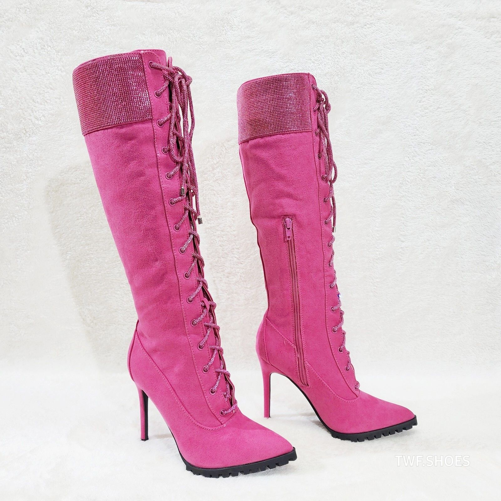 Other Queens Rhinestone Pointy Toe High Heels Stiletto Lace Up Kne Size US 8.5 / IT 38.5 - 4 Thumbnail