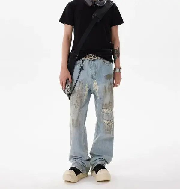 Japanese Brand VIBE Baggy Cashew Patch One Knee Ripped Dirty Jeans Size US 34 / EU 50 - 4 Thumbnail