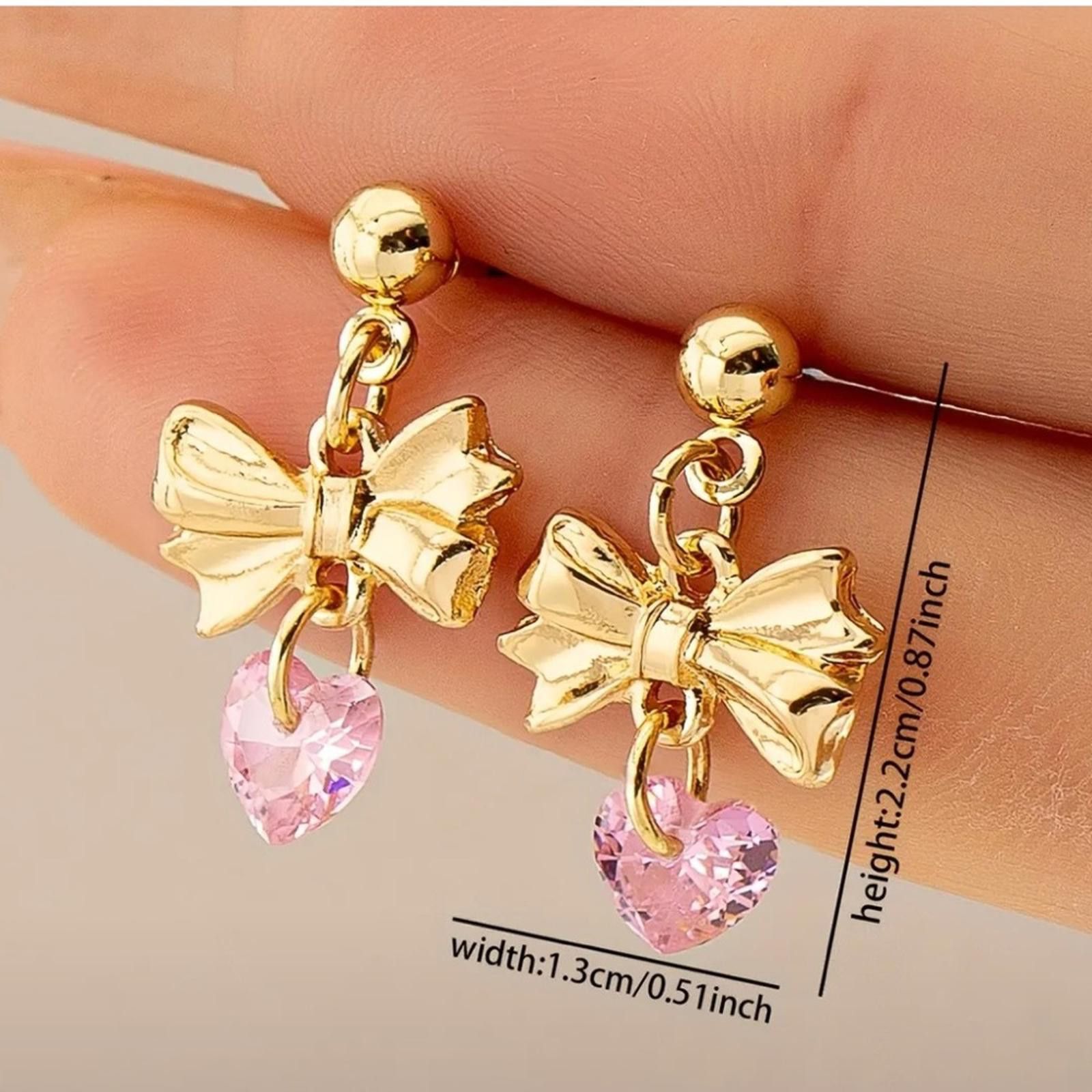 Designer Gold Bow Earrings with Pink Heart Charm Size ONE SIZE - 3 Thumbnail