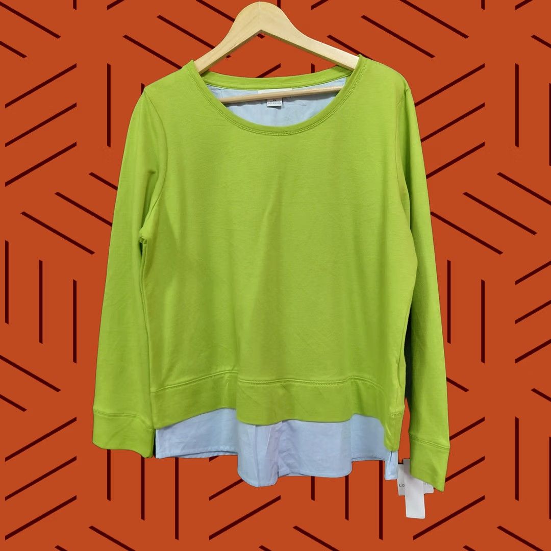 Liz Claiborne Liz Claiborne Green Cotton Layered Top Solid Knit Long Sleeve Women Size XL Size XL / US 12-14 / IT 48-50 - 1 Thumbnail