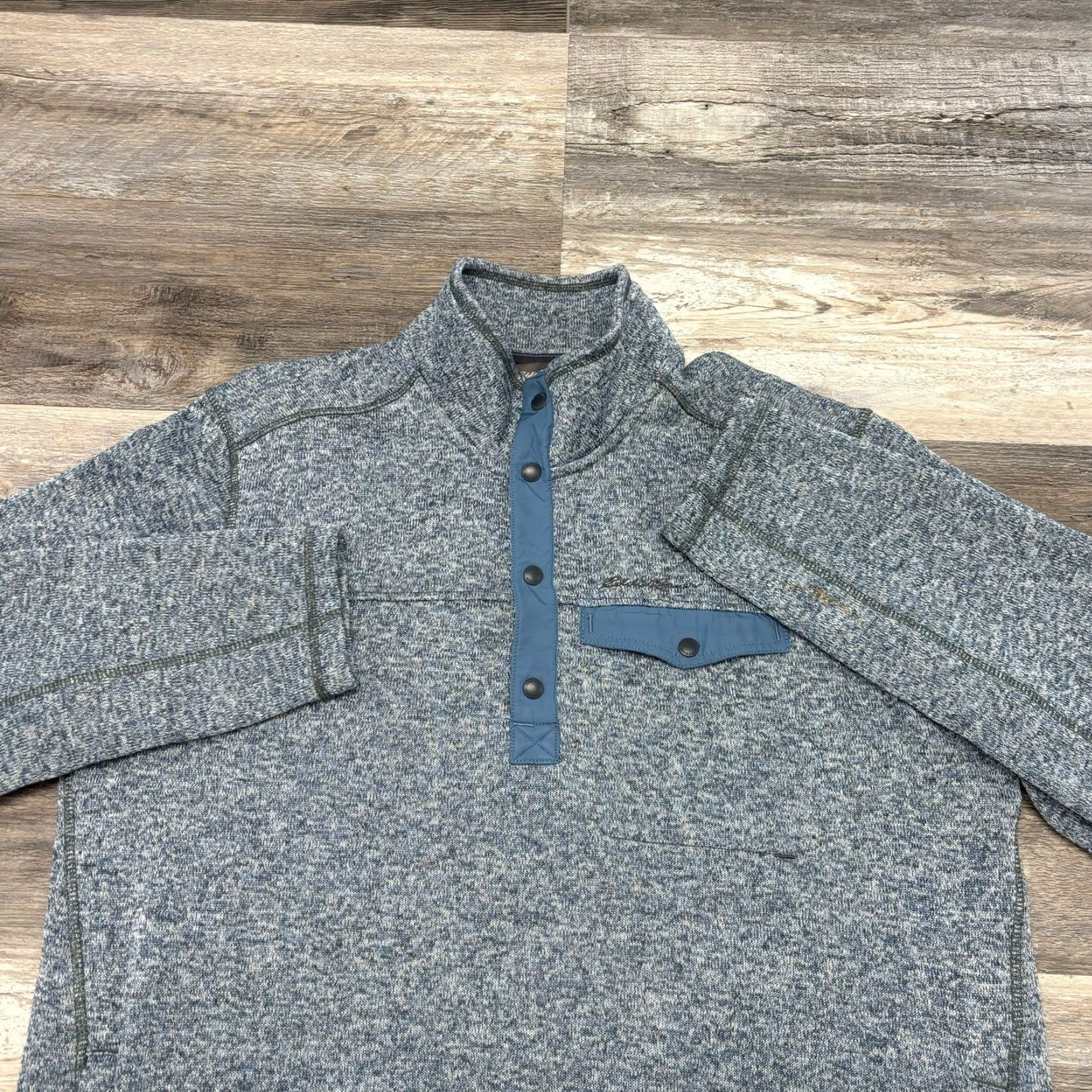 Eddie Bauer VINTAGE Eddie Bauer Gray Blue Mens XL Radiator Snap Pocket Mock Neck Knit Fleece Pullover Sweater Size US XL / EU 56 / 4 - 2 Thumbnail