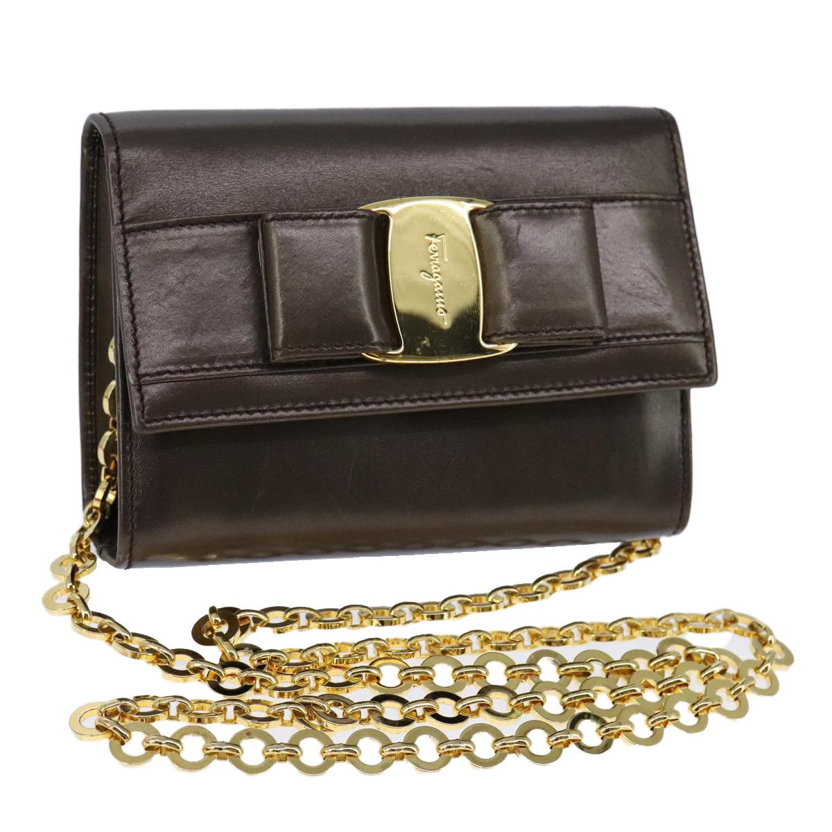 Salvatore Ferragamo Vala Chain Shoulder Bag Leather Brown Gold Auth Yk16268 in Brown/Gold, Women's