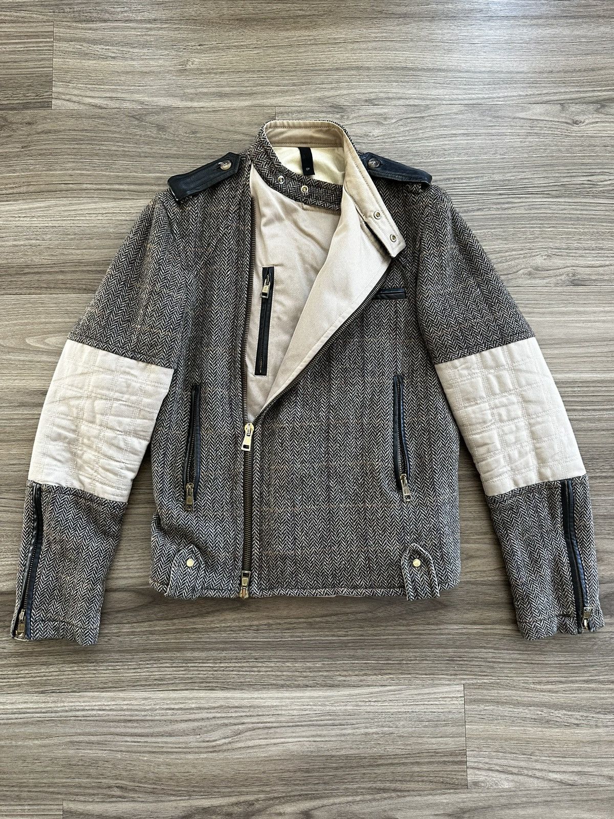 image of Dsquared2 Early 2000S Harris Tweed Biker Jacket in Herringbone Tweed, Men's (Size Medium)