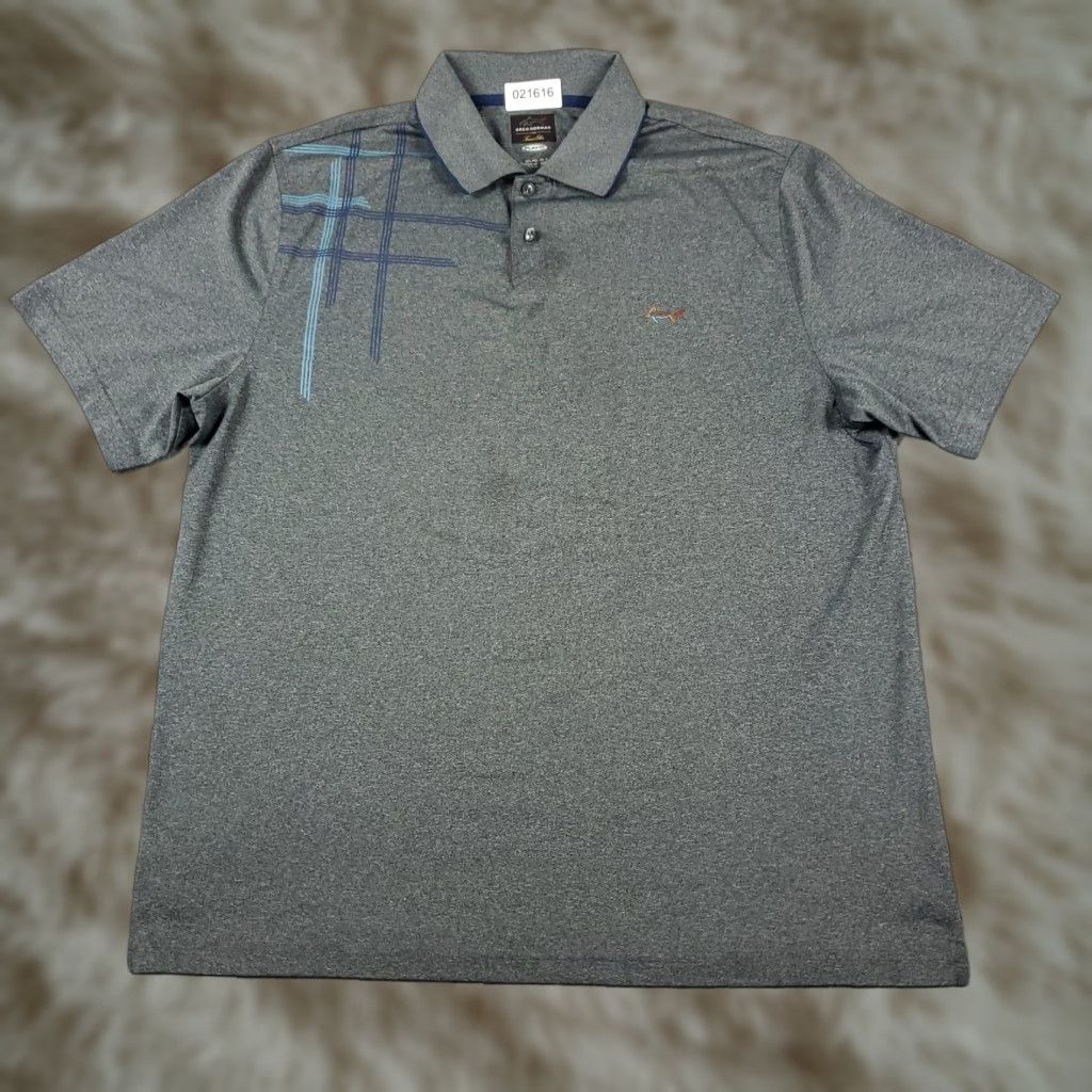 Vintage Greg Norman Polo Shirt Mens L Gray Striped Short Sleeve Polo, Button, Logo, Regular Fit, Unisex Adults, Fall & Summer, Golf Casual, 90s? Size US L / EU 52-54 / 3 - 1 Thumbnail