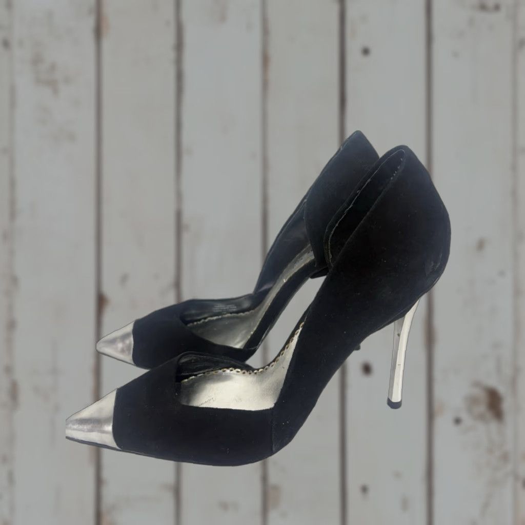 Bebe VINTAGE Bebe Women's Suede Pointed Toe Stiletto Heel 4.5in M Size 7 Silver Black Formal Cocktail Women Size US 7 / IT 37 - 1 Thumbnail