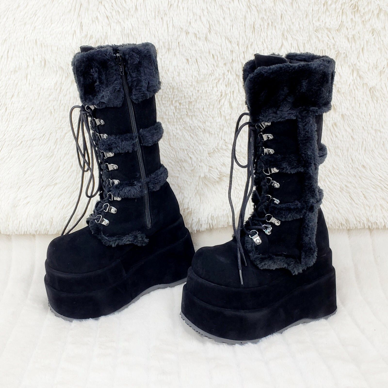 Other Bear 202 Black Faux Fur / Suede Platform Goth Punk Calf Boot Size US 11 / IT 41 - 2 Thumbnail