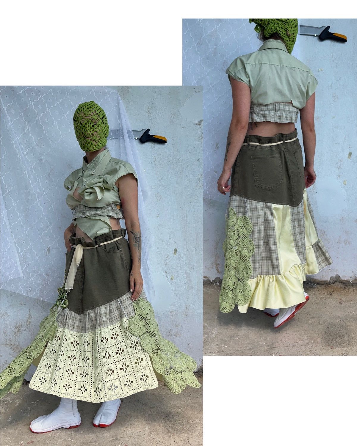 Custommade Upcycled Denim Patchwork Skirt with Vintage Kimono & Crochet Size 36" / US 14 / IT 50 - 4 Thumbnail