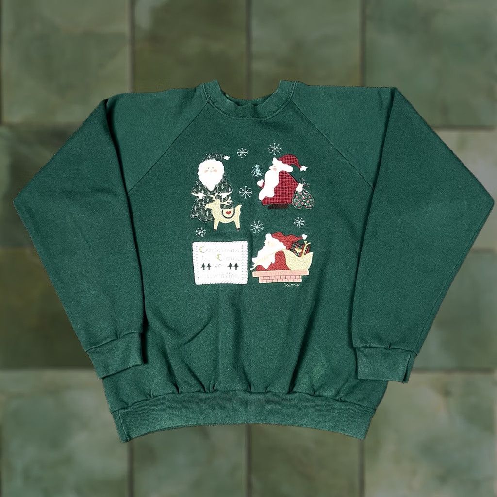 Vintage VINTAGE Santa Christmas Party Patched Crewneck Sweatshirt Large Made USA | Folk Art Applique Sweatshirt Unisex Adults Crew Neck 90s Vintage Green Size US L / EU 52-54 / 3 - 1 Thumbnail