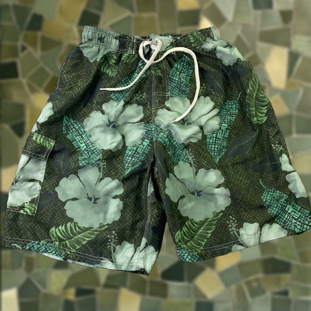 Vintage Bluewater Beach Trunks Large Green Floral Surf Lined Drawstring Mens Size ONE SIZE - 1 Thumbnail