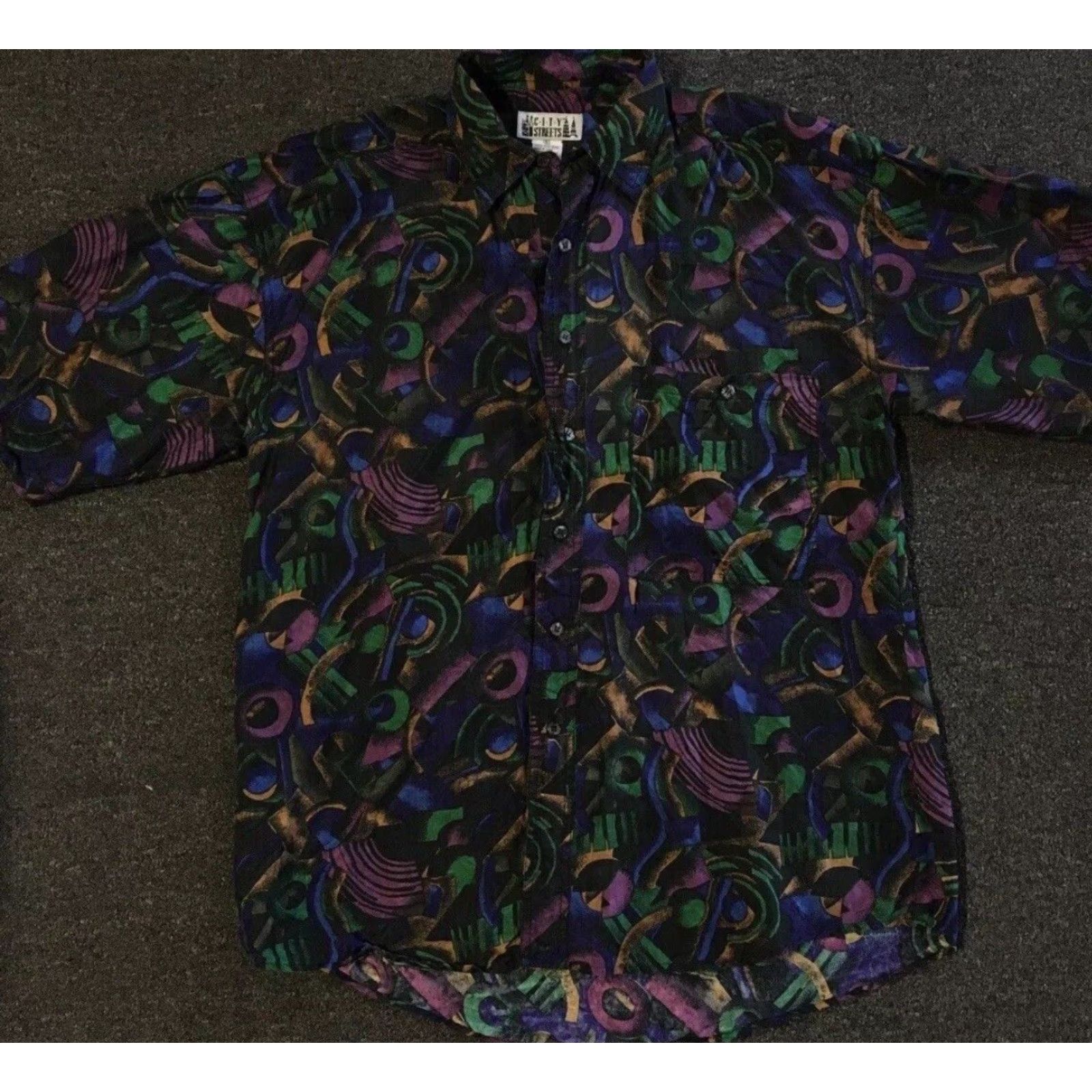 VINTAGE 90s Abstract Art All Over Print Button Up Shirt L Black Men Short Sleeve Silk Ocean Pacific Surf Skate Grunge Vaporwave California 80s 90s