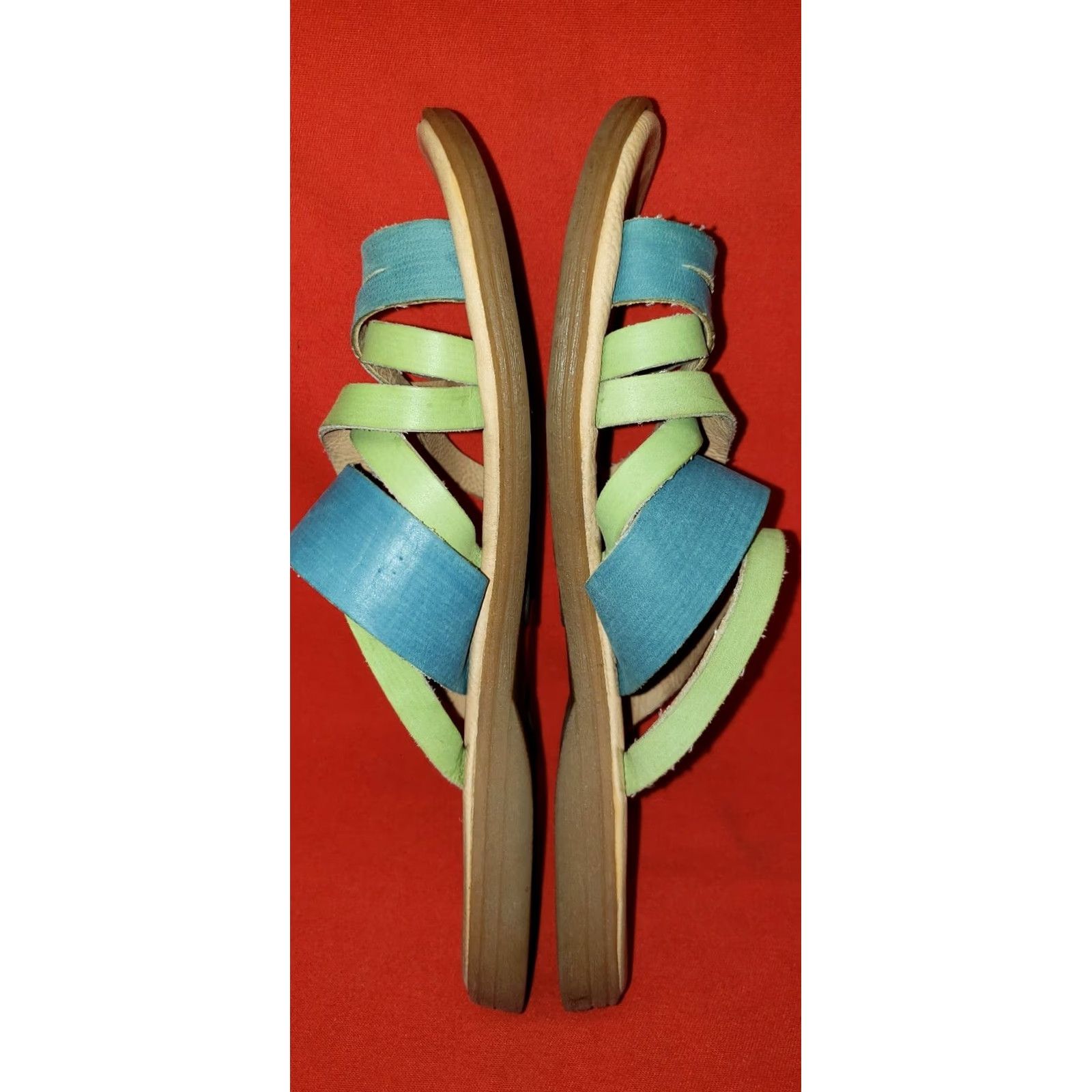 Vintage Korks Women's Strappy Slide Toe Ring Sandals Size 7M Green & Blue Leather Cushioned Insole Casual Shoes Womens Size US 7 / IT 37 - 7 Thumbnail