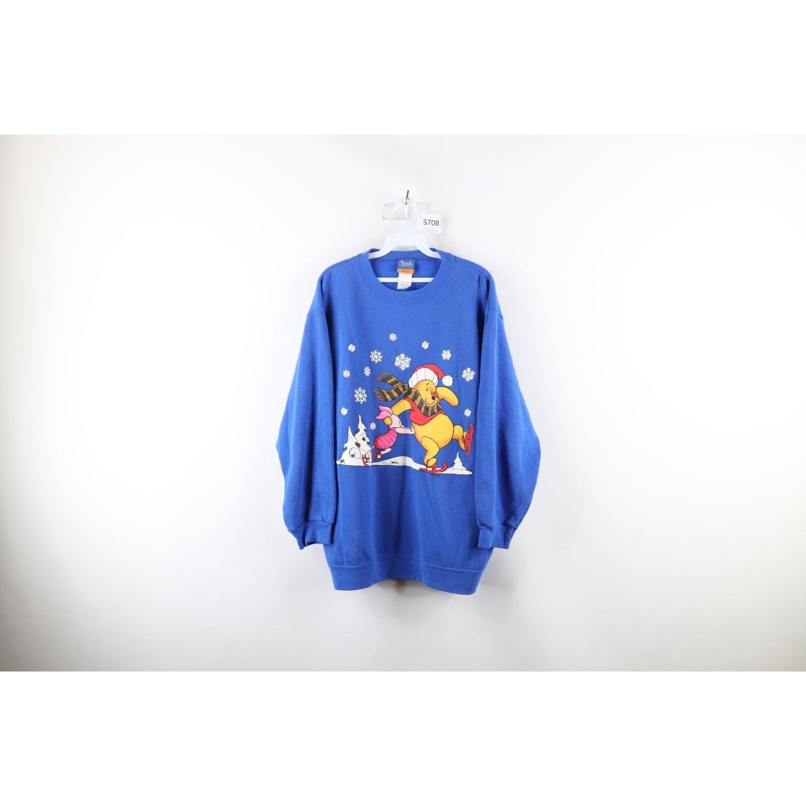 image of 90's Disney Christmas Winnie The Pooh Sweatshirt in Blue, Women's (Size 2XL)