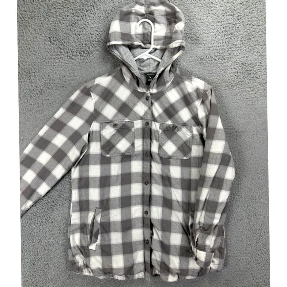 Eddie Bauer Eddie Bauer Button-Up Hoodie Shirt Women Large Gray Checkered Long Sleeve Size L / US 10 / IT 46 - 3 Thumbnail