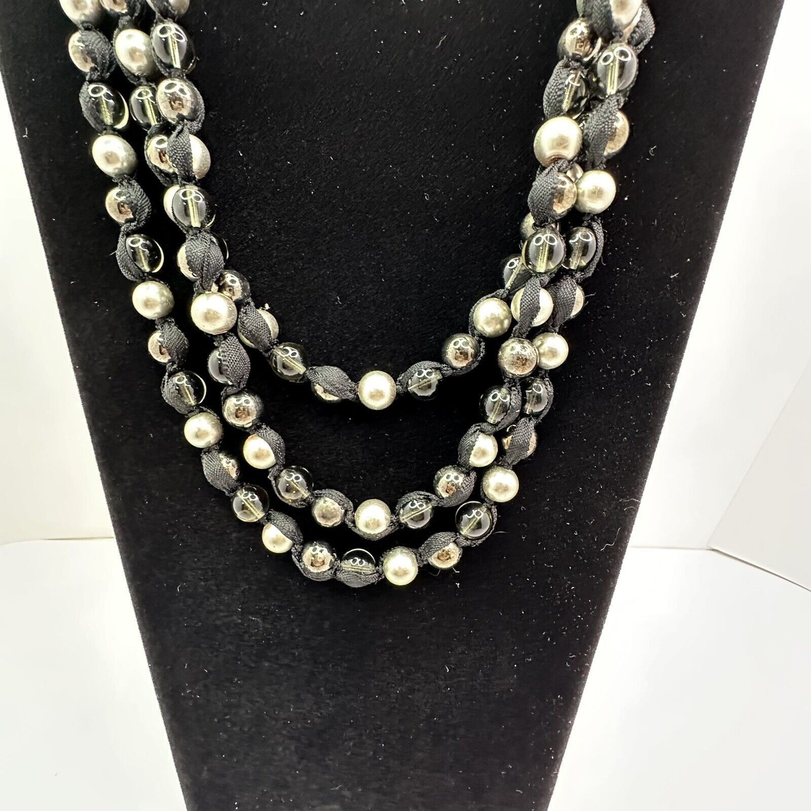 Other MultiStrand Ribbon Necklace Silver Blk Clear Glass Beads 22" Size ONE SIZE - 7 Thumbnail