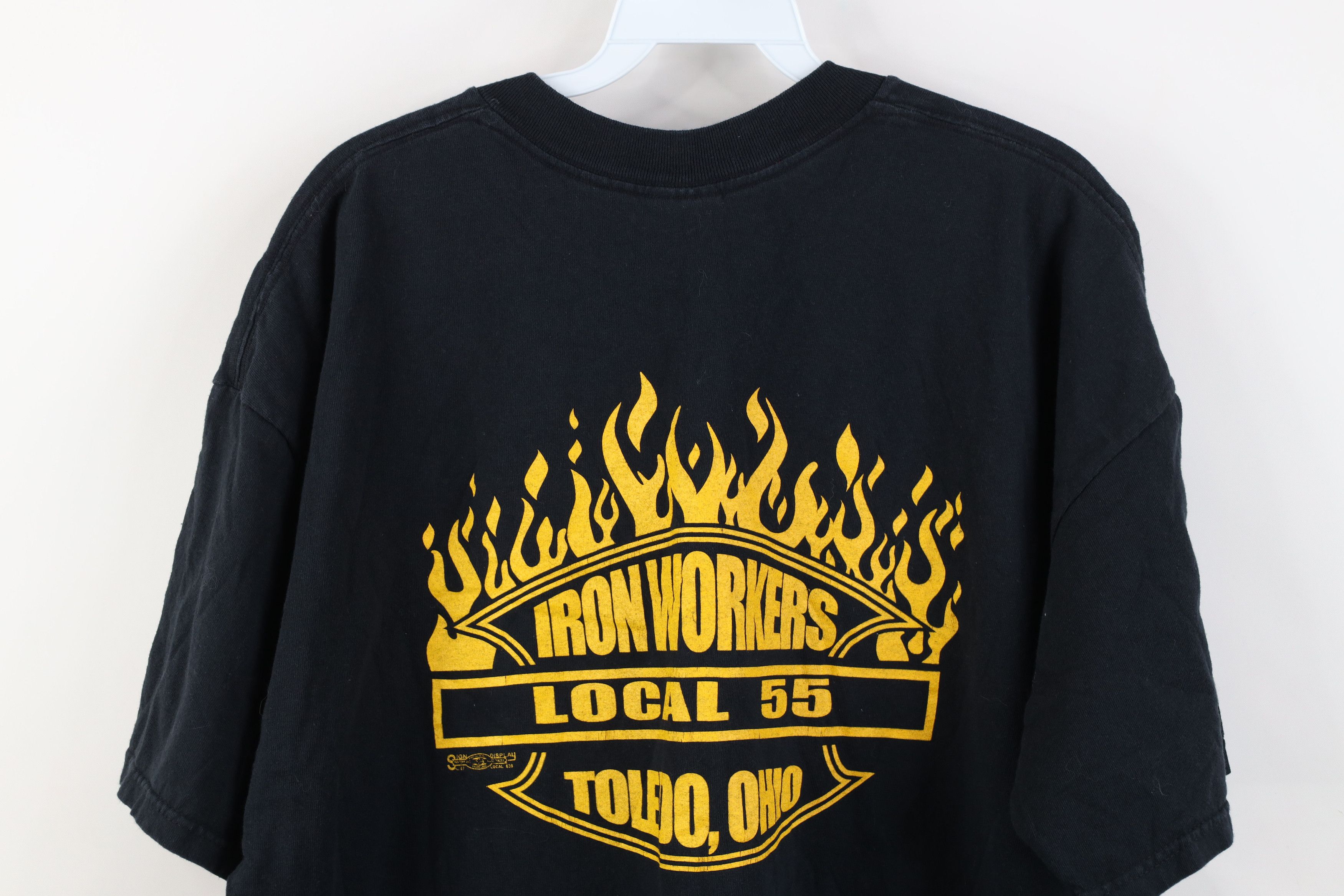 Vintage Vintage 90s Iron Workers Union Fire Flames T-Shirt Black USA Size US XL / EU 56 / 4 - 14 Thumbnail