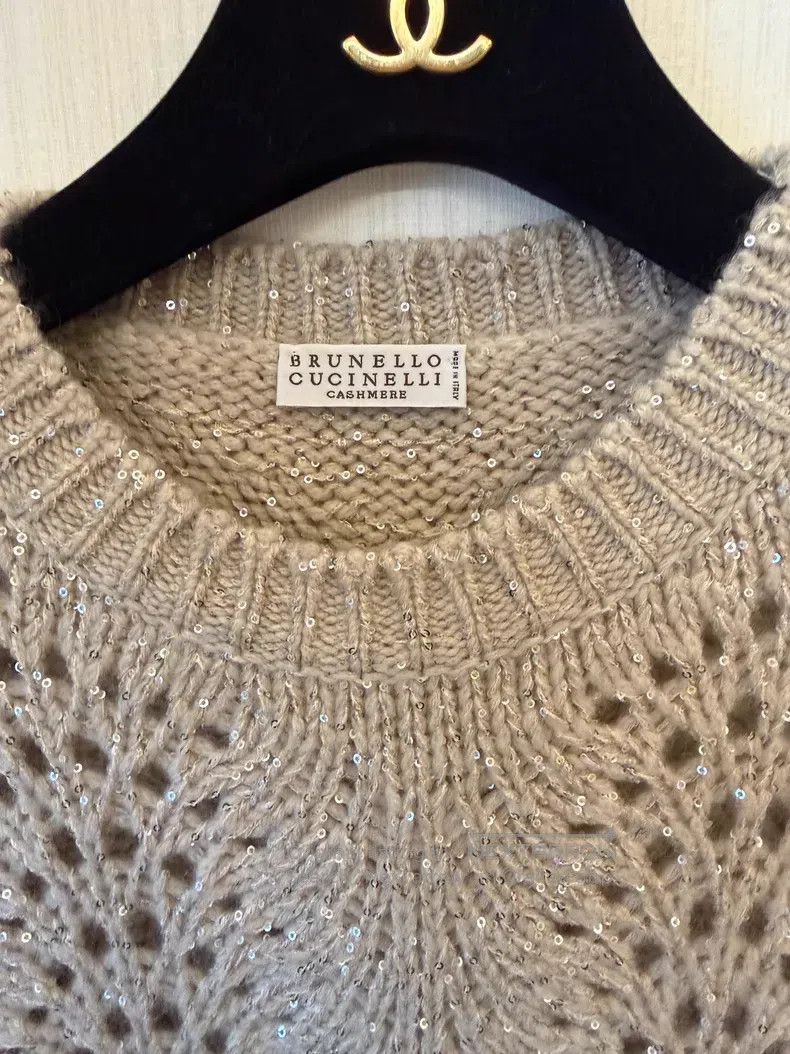Brunello Cucinelli Brunello Cucinelli Oatmeal Cashmere Openwork Sweater with Size L / US 10 / IT 46 - 7 Thumbnail