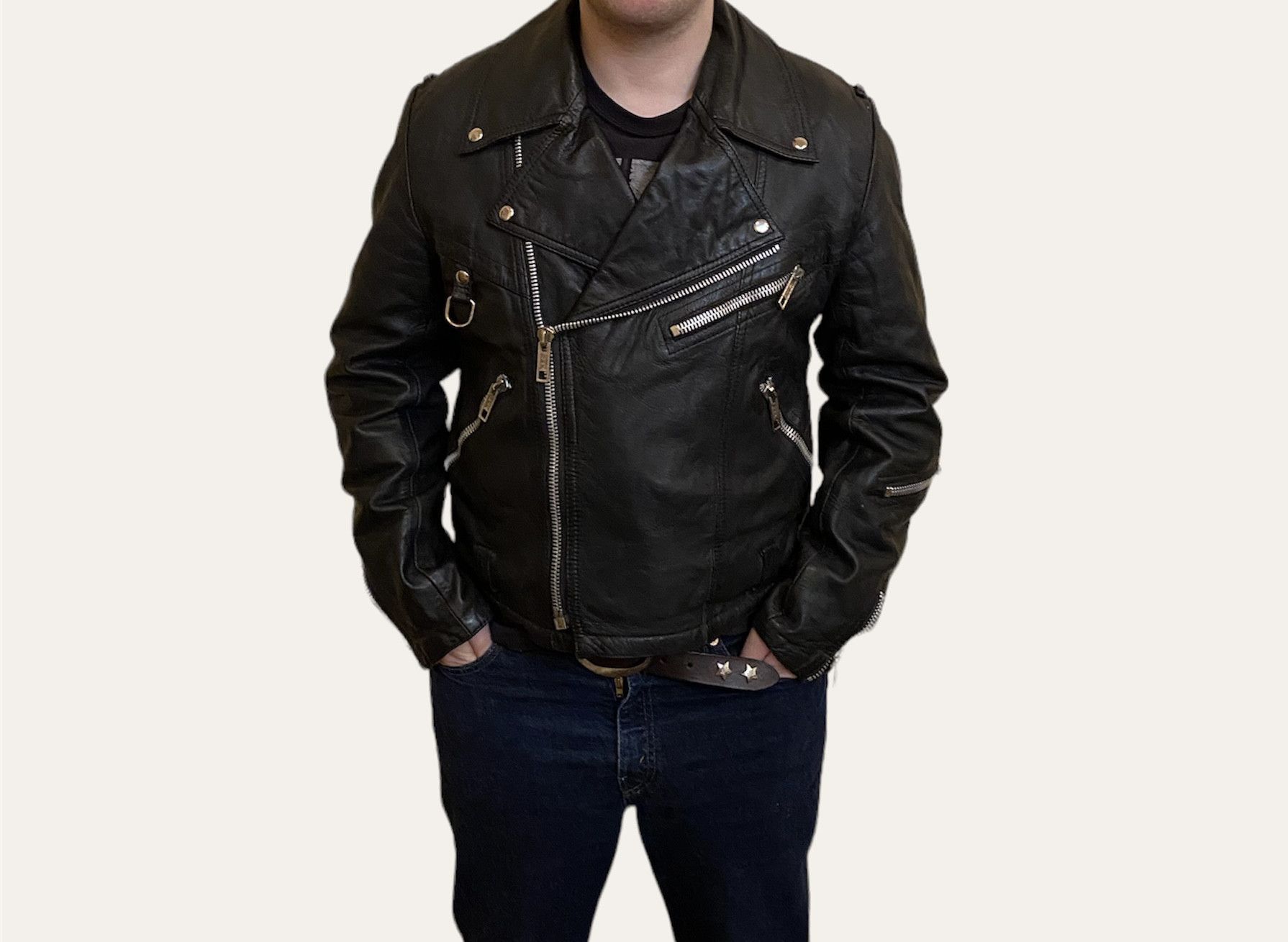 image of Leather Jacket British Punk 70's 80's Leather Biker Jacket in Black, Men's (Size Large)