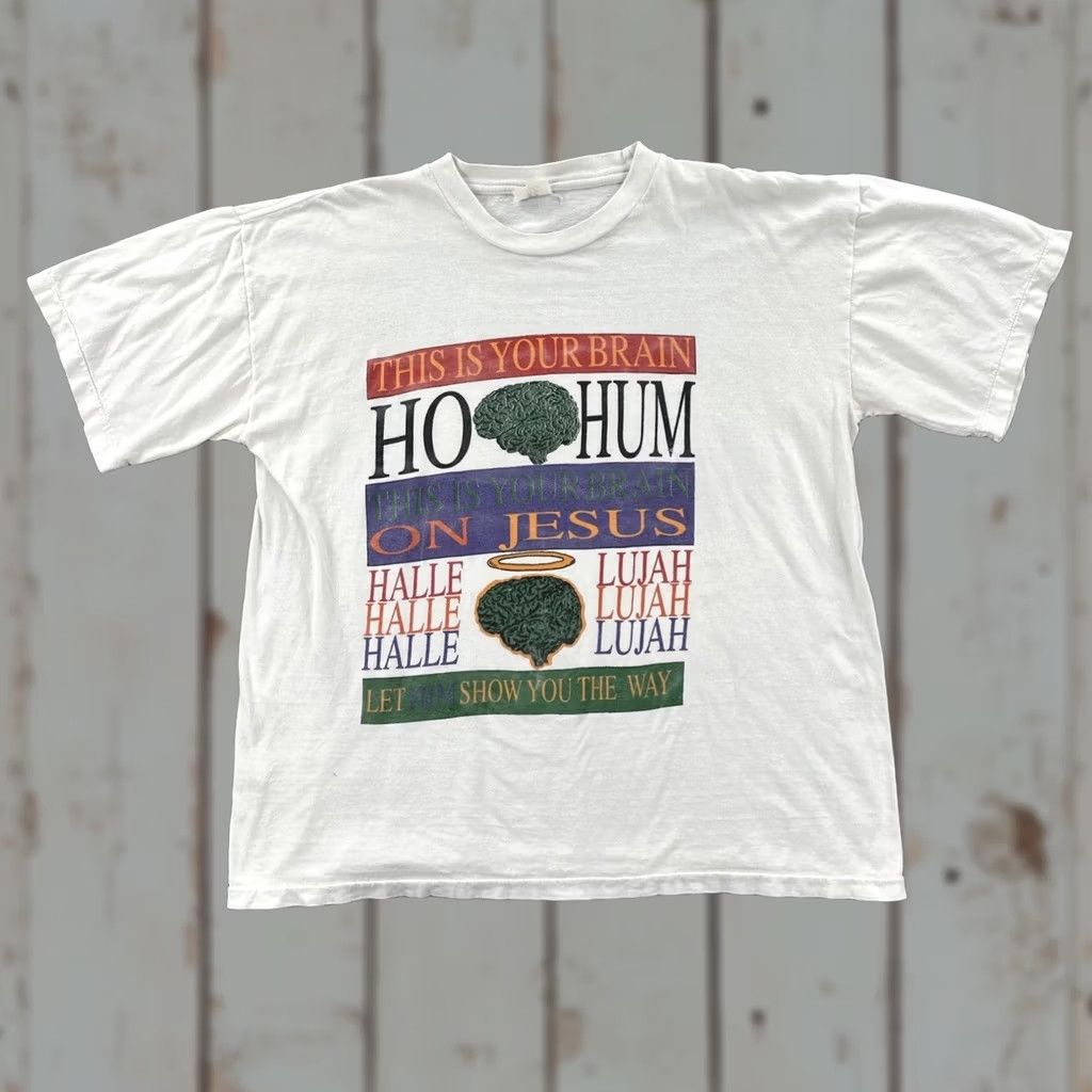 Paradise VINTAGE Tee Paradise XL T Shirt This Is Your Brain On Jesus 90s Funny Graphic Tee Shirt Mens White XL Size US XL / EU 56 / 4 - 1 Thumbnail