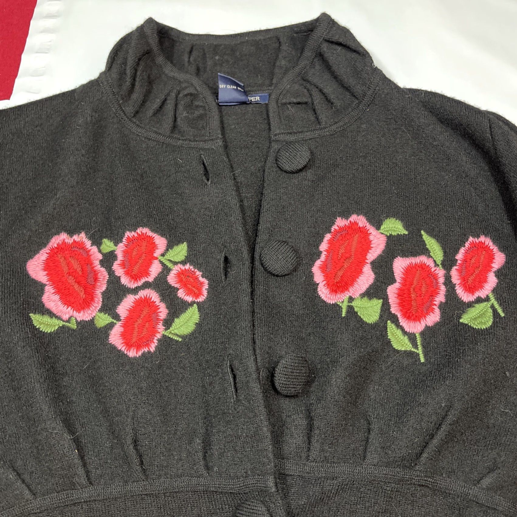 Boston Proper L BLACK Wool PINK ROSES SWEATER Cardigan BUTTON High Collar Jacket Coat Size L / US 10 / IT 46 - 5 Thumbnail