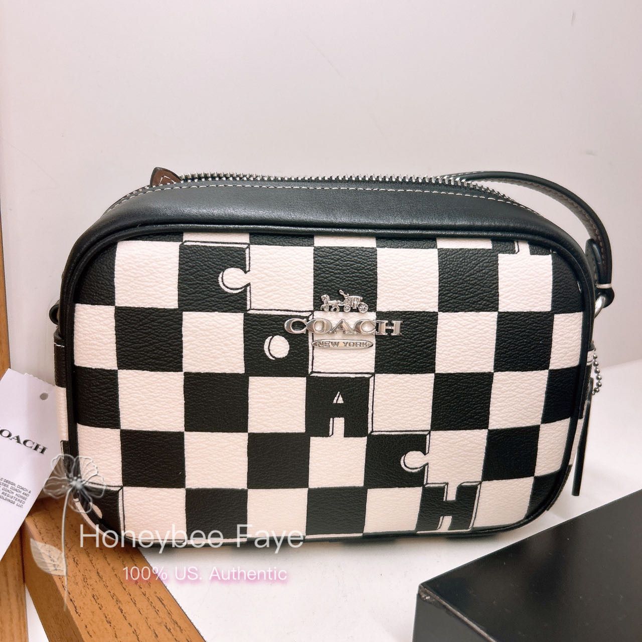 image of Coach Mini Jamie Camera Bag With Checkerboard Print in Silver/Black/Chalk, Women's