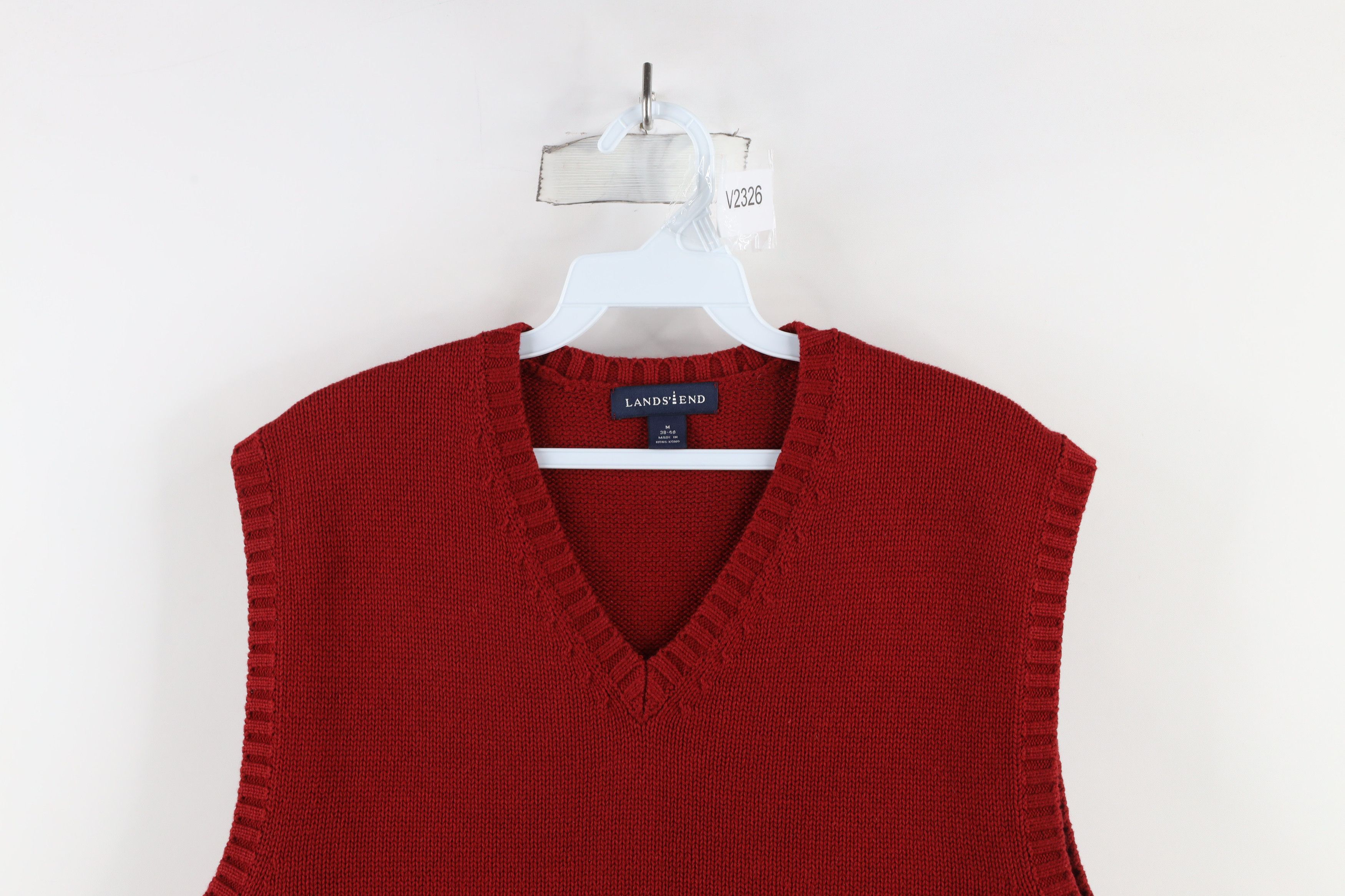Lands' End × Vintage Vintage 90s Lands End Cotton Knit V-Neck Sweater Vest Red Size US M / EU 48-50 / 2 - 2 Thumbnail