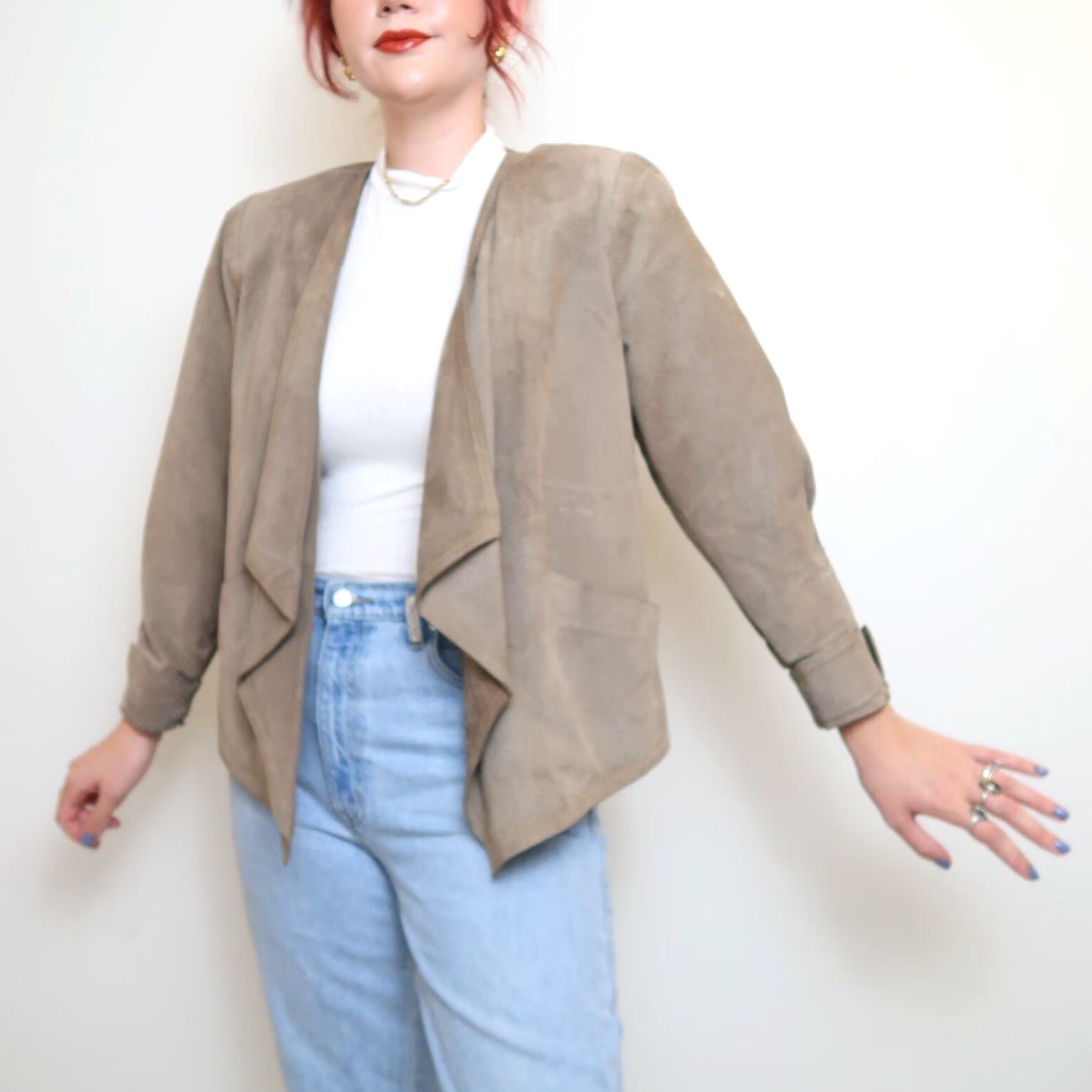 Vintage VINTAGE 80s Petite Sophisticate Suede Leather Jacket S Taupe Brown Pig Suede Waterfall Collar Casual Womens Size S / US 4 / IT 40 - 2 Thumbnail