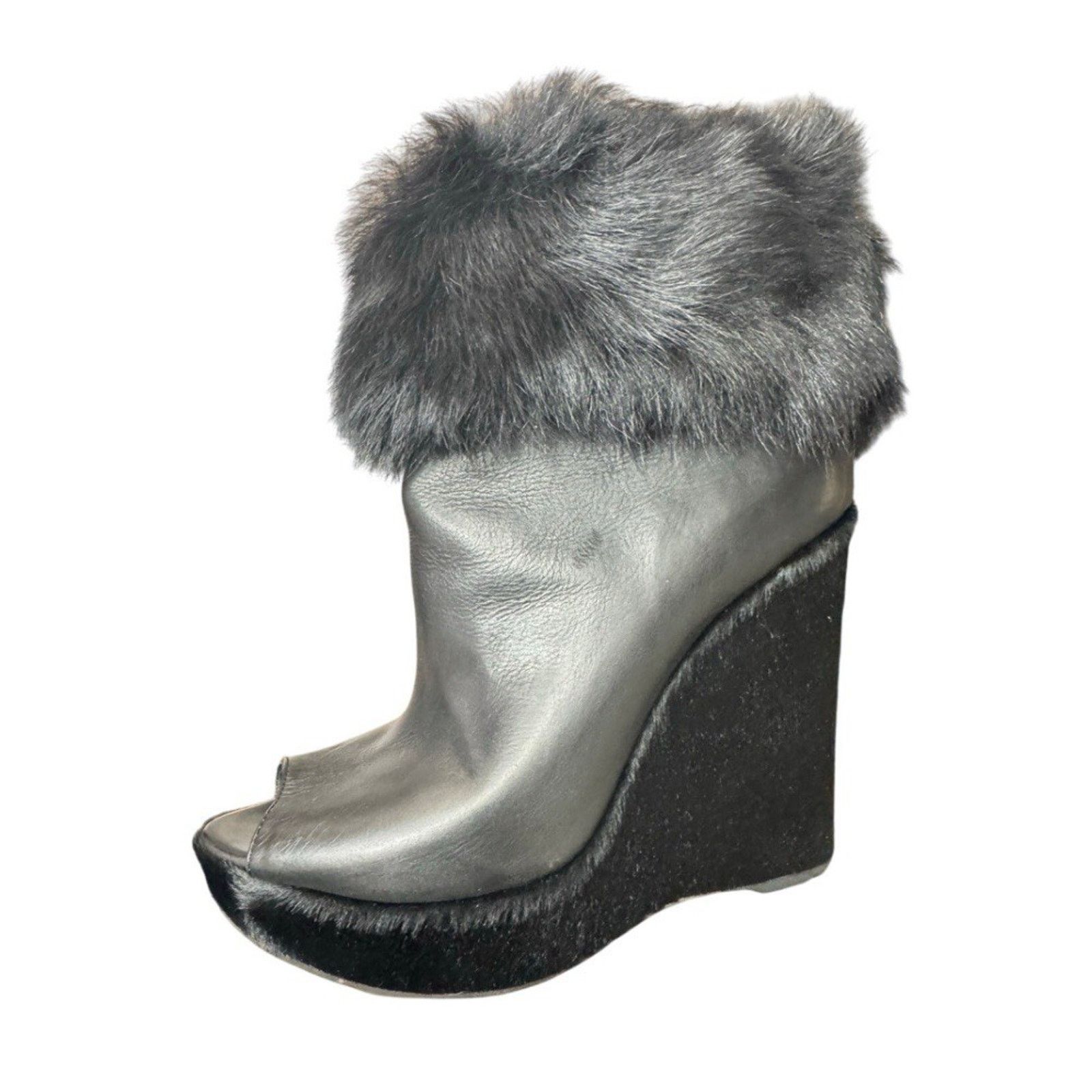 Prada PRADA BLACK LEATHER FUR PEEP TOE BOOTS SHOES SZ 39 OR 8.5 Size US 8.5 / IT 38.5 - 5 Thumbnail