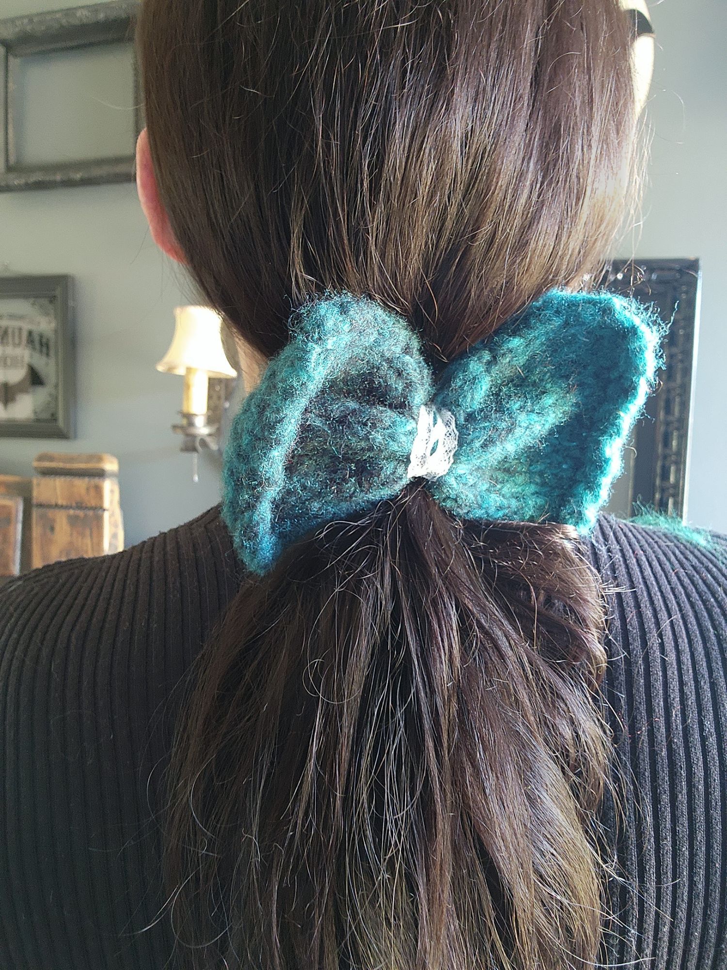 Handmade Knit Hair Bow, Handknitted Teal Ombre Ponytail Holder or Hai Size ONE SIZE - 9 Thumbnail