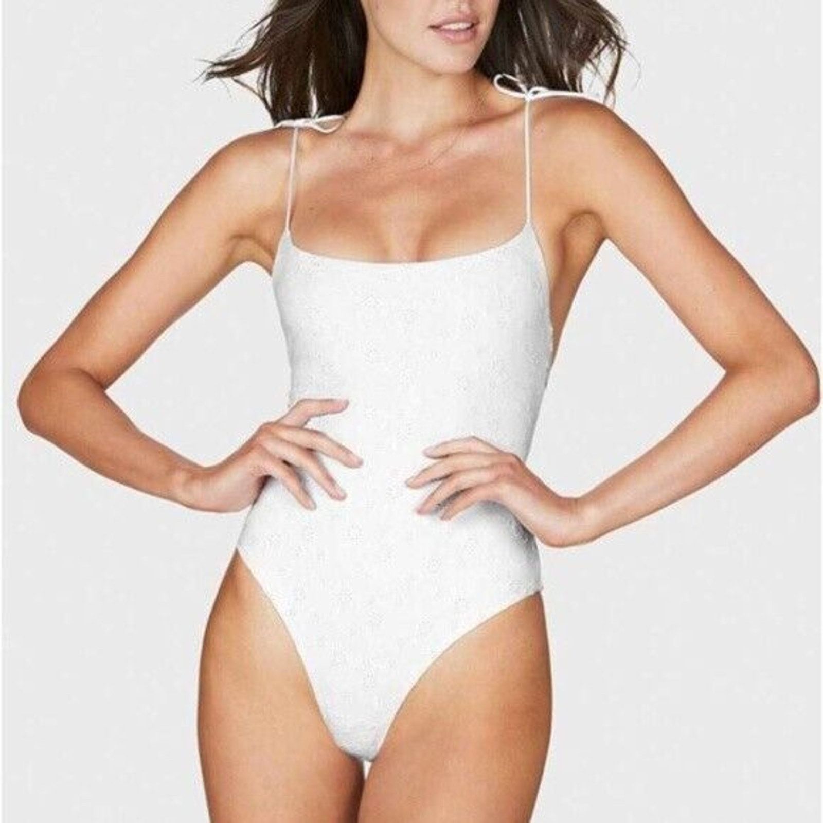 The Unbranded Brand Bond Eye Women White Eyelet Laced Back Swimsuit Size L Size ONE SIZE - 1 Thumbnail
